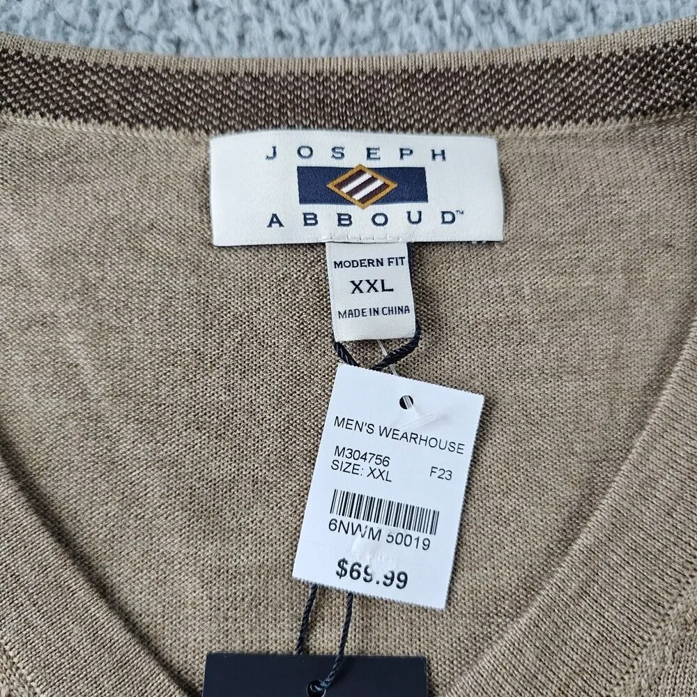Joseph Abboud Sweater Mens XXL Tan Merino Wool Modern Fit V Neck Pullover Casual
